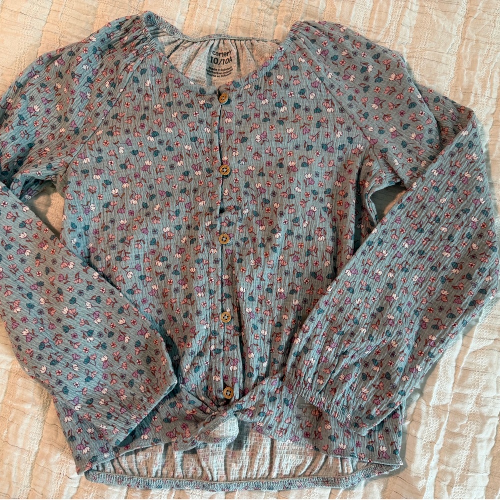 Blue Floral Button-Down Blouse with Pink Accents